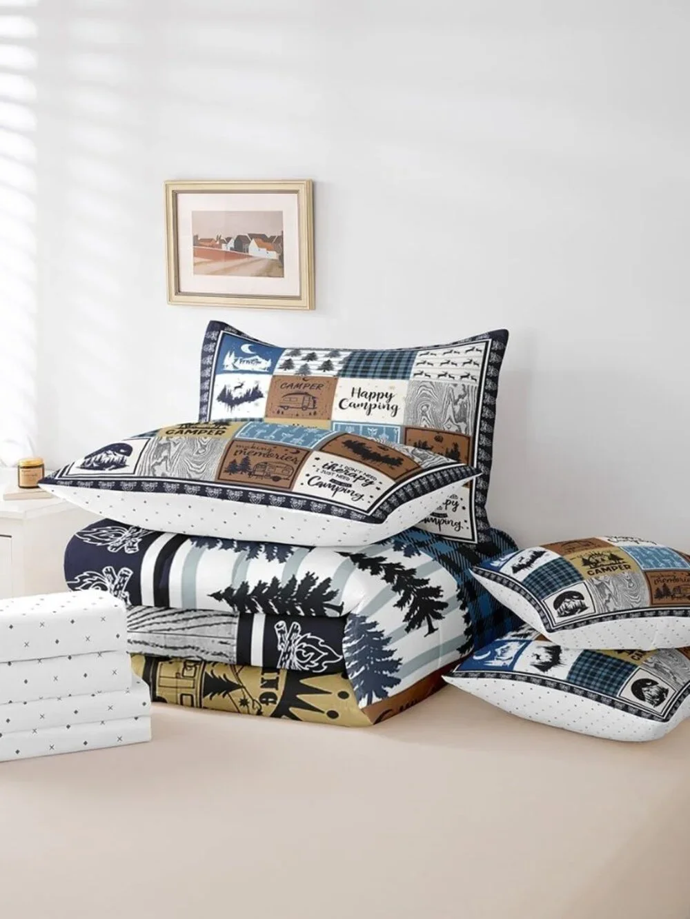 7 Piece Rv Camper Bedding Set King,Kids Happy Camping Comforter Set with Sheets,